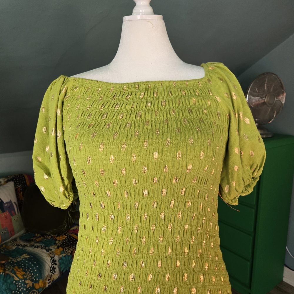 Never Fully Dressed Green Smocked Puff Sleeve Top